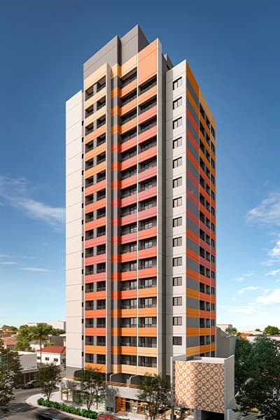 Fachada do edifício residencial de múltiplos pavimentos com detalhes em laranja e cinza.