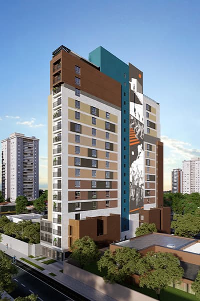 Fachada externa de edifício residencial com pintura colorida em tons de marrom, amarelo e branco e mural de arte urbana.