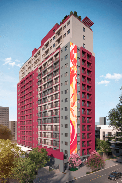 Fachada do edifício residencial colorido com detalhes em tom avermelhado e grafismo na lateral.