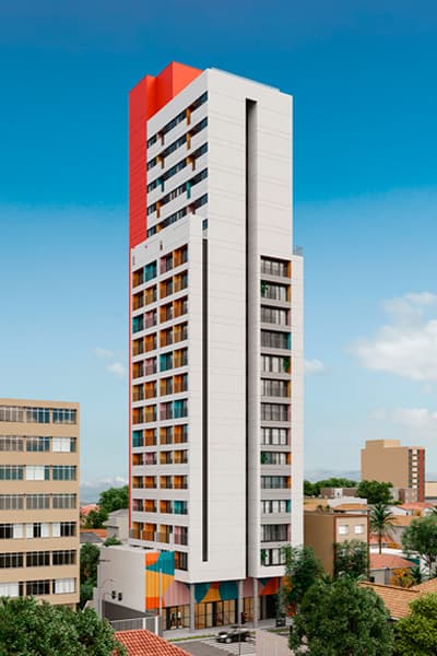 Fachada do edifício residencial de torre única com varandas e detalhes coloridos.