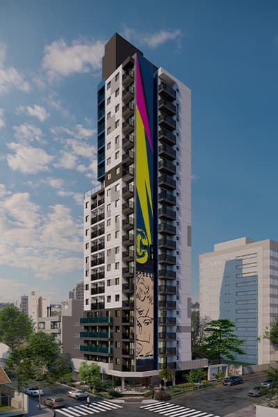 Fachada de prédio alto em tons de branco, cinza e preto com grande pintura artística geométrica amarela e azul na lateral